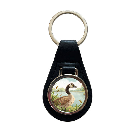 Canadian Canada Goose Children's Illustration Style Black Leather Metal Keychain