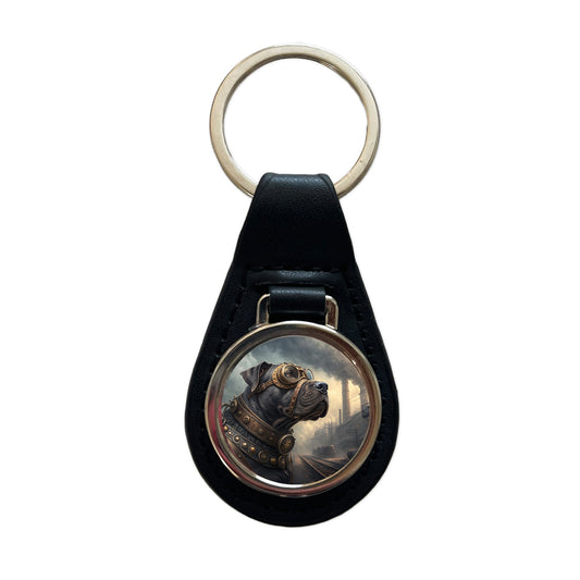 Cane Corso Dog Steampunk Black Leather Metal Keychain