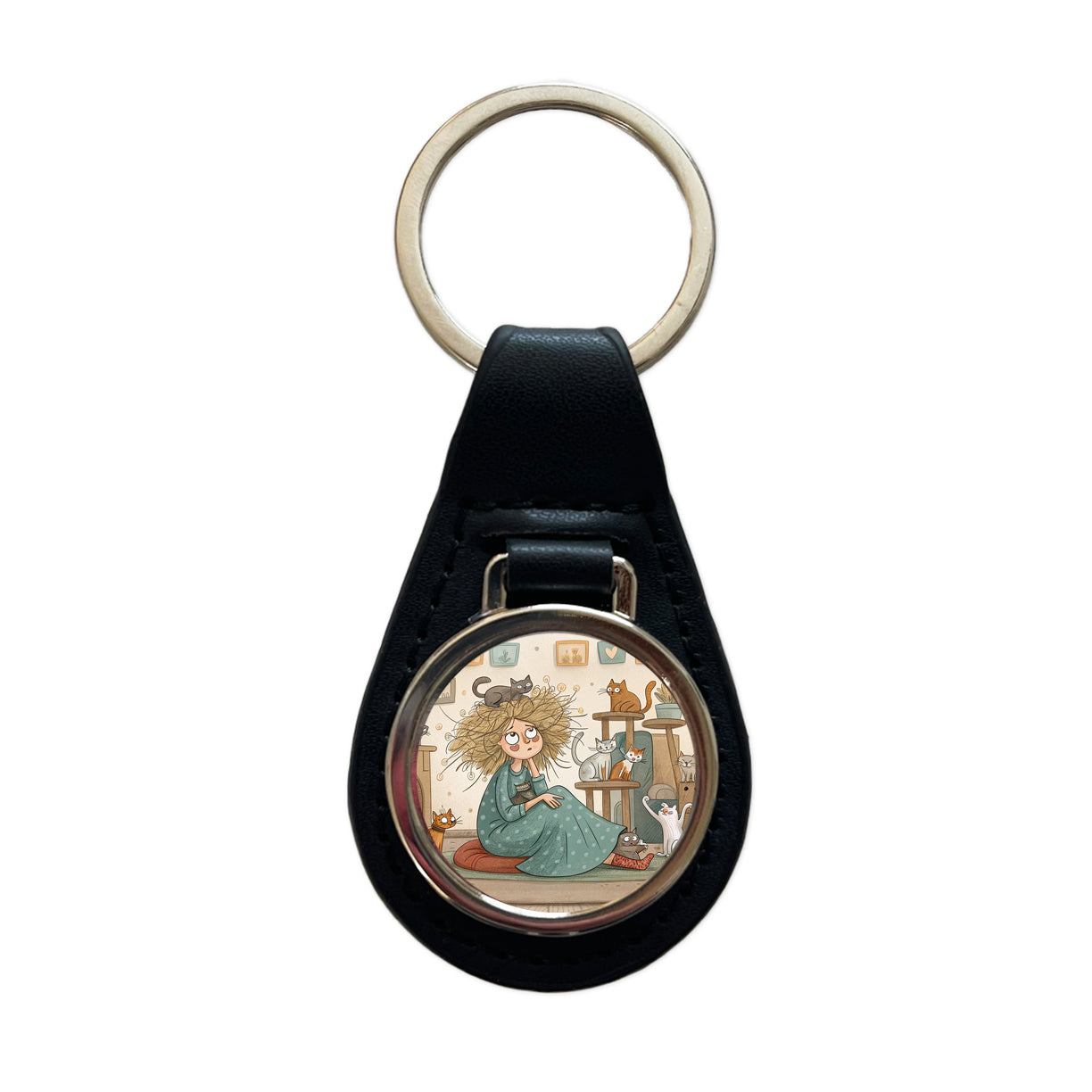 Cartoon of Crazy Cat Lady Home Black Leather Metal Keychain