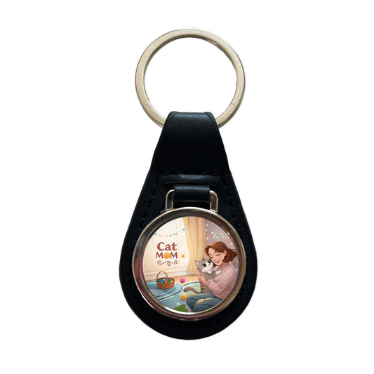 Cat Mom Cartoon Black Leather Metal Keychain