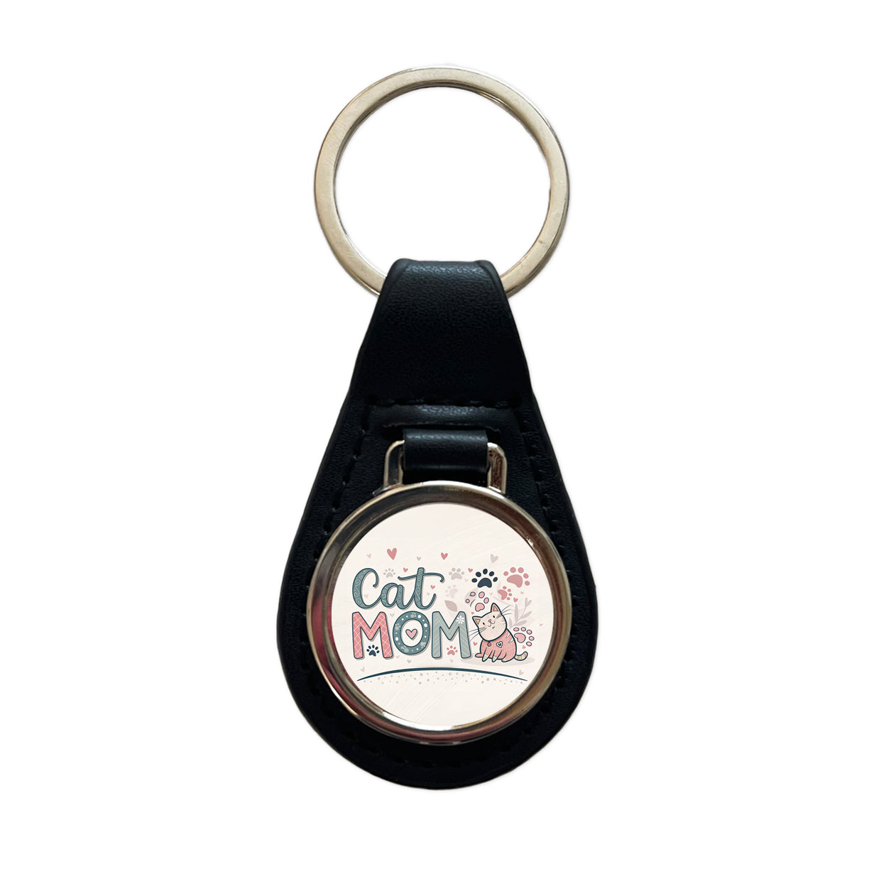 Cat Mom Cute Black Leather Metal Keychain