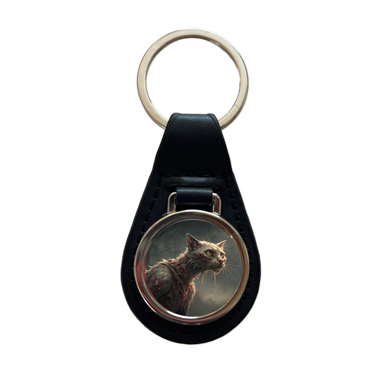 Cat Zombie Creepy Scary Halloween Black Leather Metal Keychain
