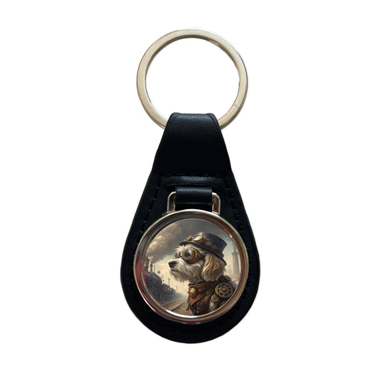 Cavachon Dog Steampunk Black Leather Metal Keychain