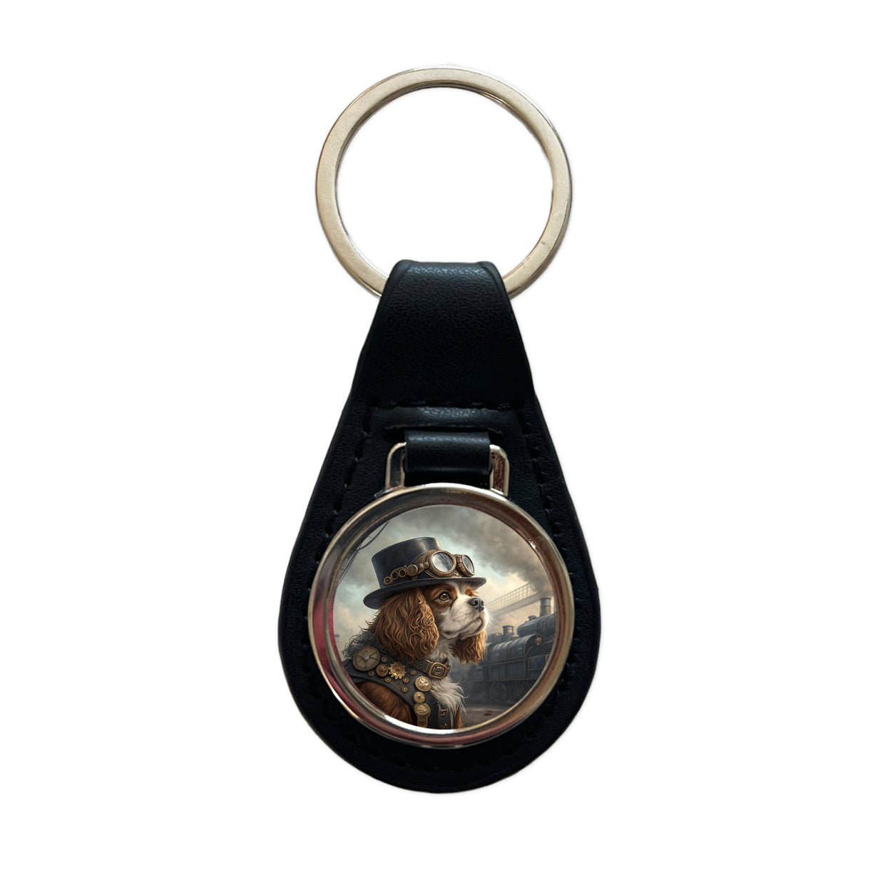 Cavalier King Charles Spaniel Dog Steampunk Black Leather Metal Keychain