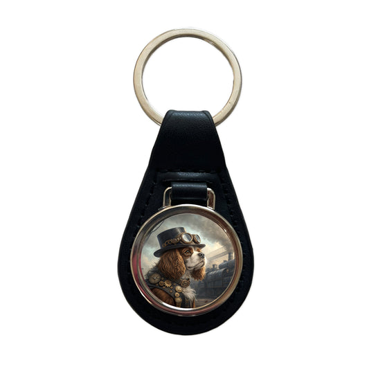 Cavalier King Charles Spaniel Dog Steampunk Black Leather Metal Keychain