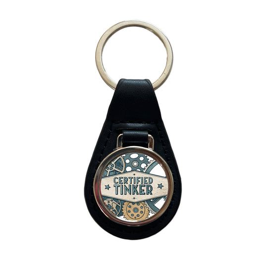 Certified Tinker Gears Black Leather Metal Keychain