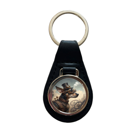 Chiweenie Dog Steampunk Black Leather Metal Keychain