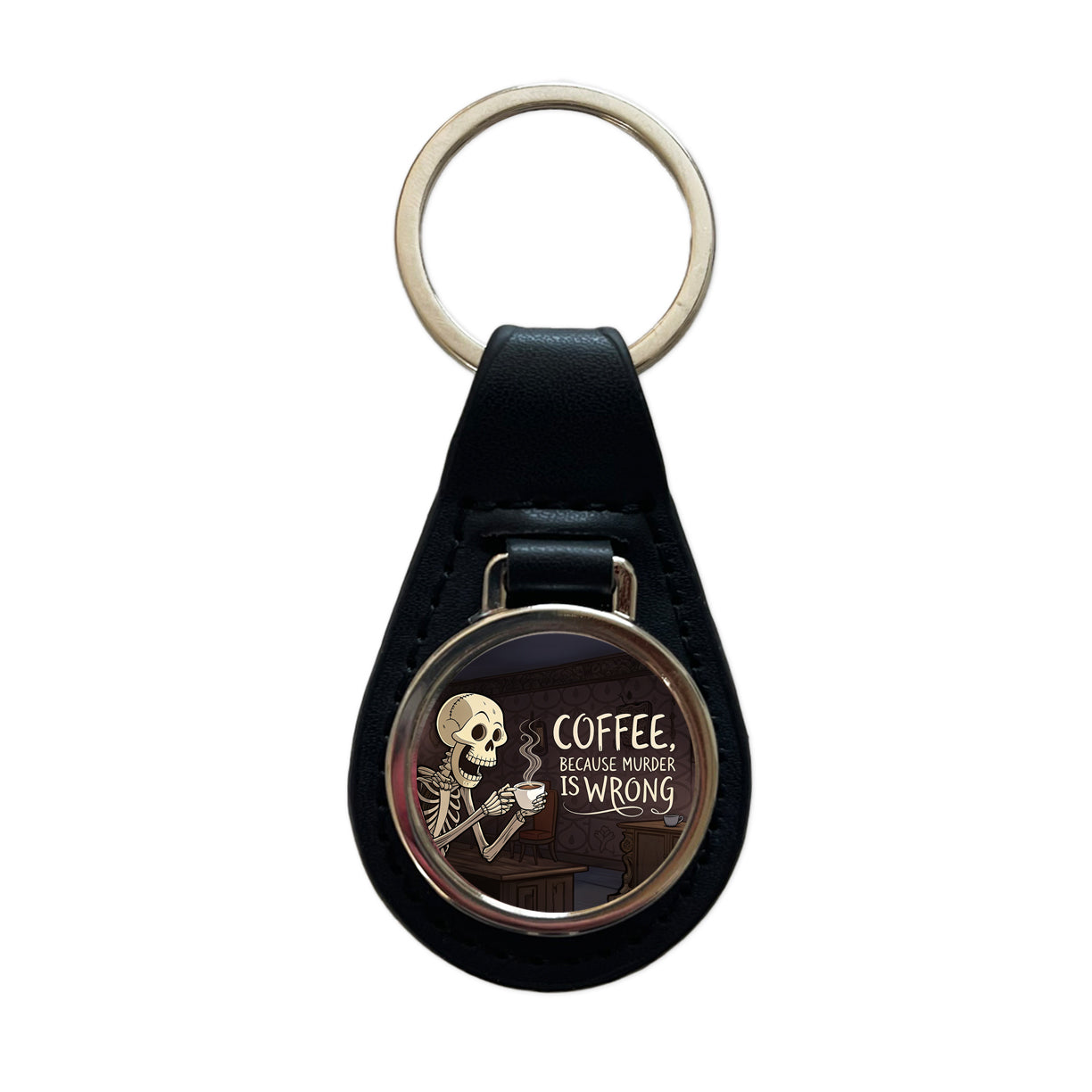 Coffee Because Murder Is Wrong Funny Skeleton Black Leather Metal Keychain