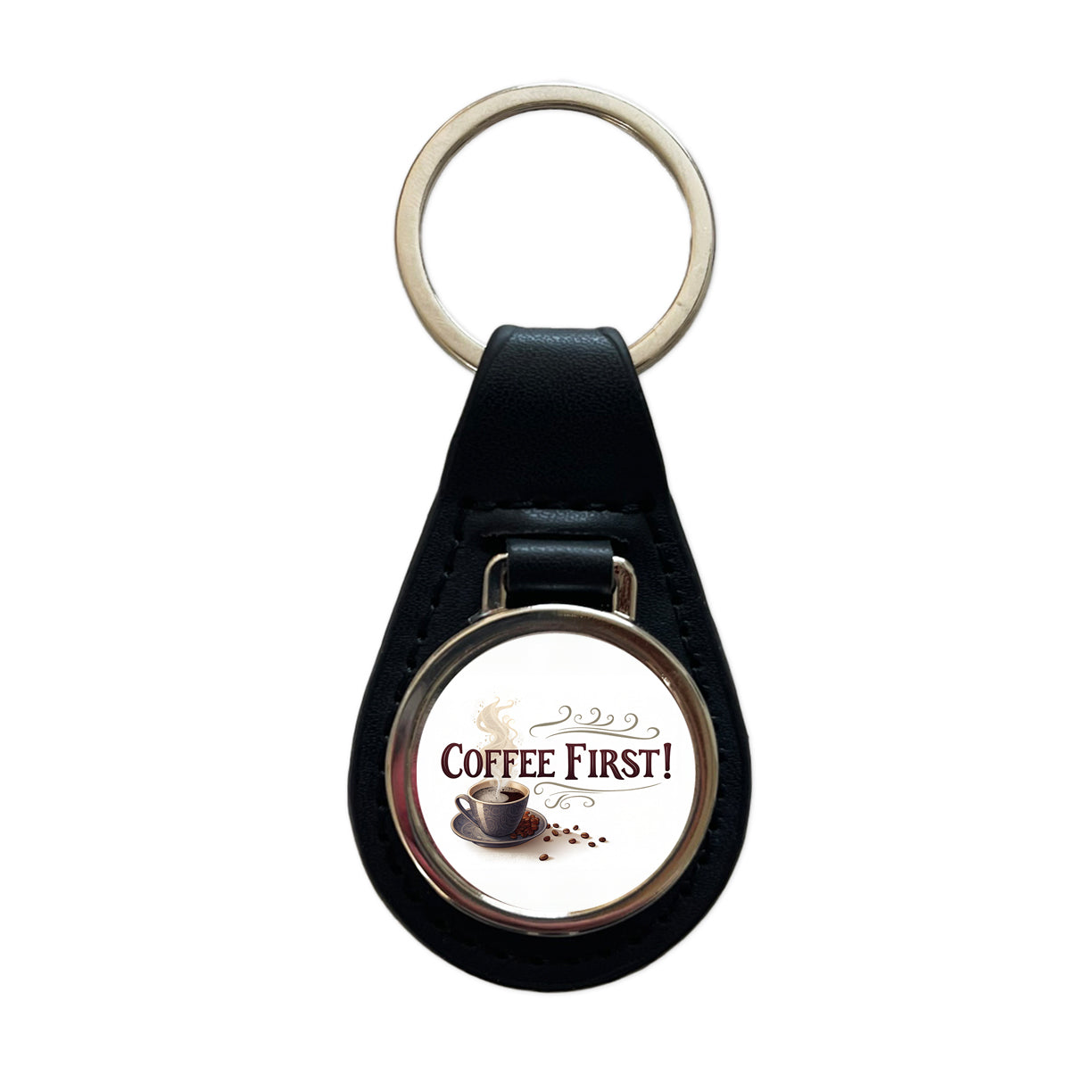 Coffee First Funny Saying Black Leather Metal Keychain