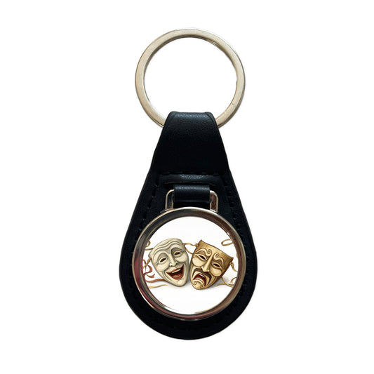 Comedy And Tragedy Theater Drama Masks Black Leather Metal Keychain