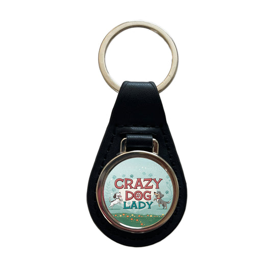 Crazy Dog Lady Funny Cartoon Black Leather Metal Keychain