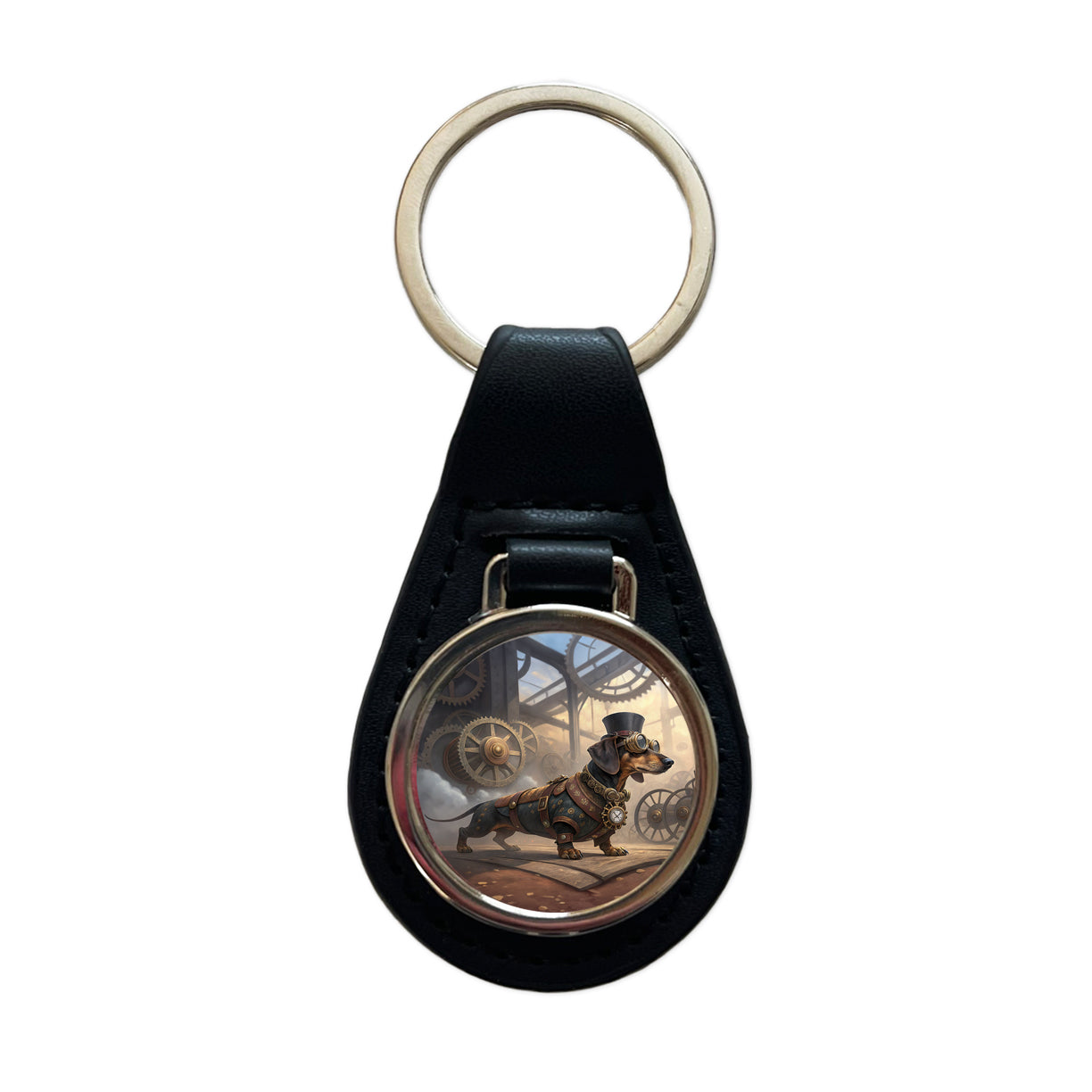 Dachshund Wiener Dog Steampunk Black Leather Metal Keychain