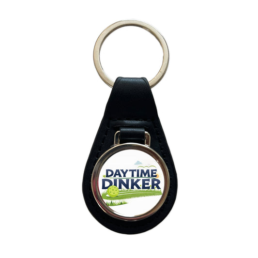 Daytime Dinker Pickleball Funny Saying Black Leather Metal Keychain