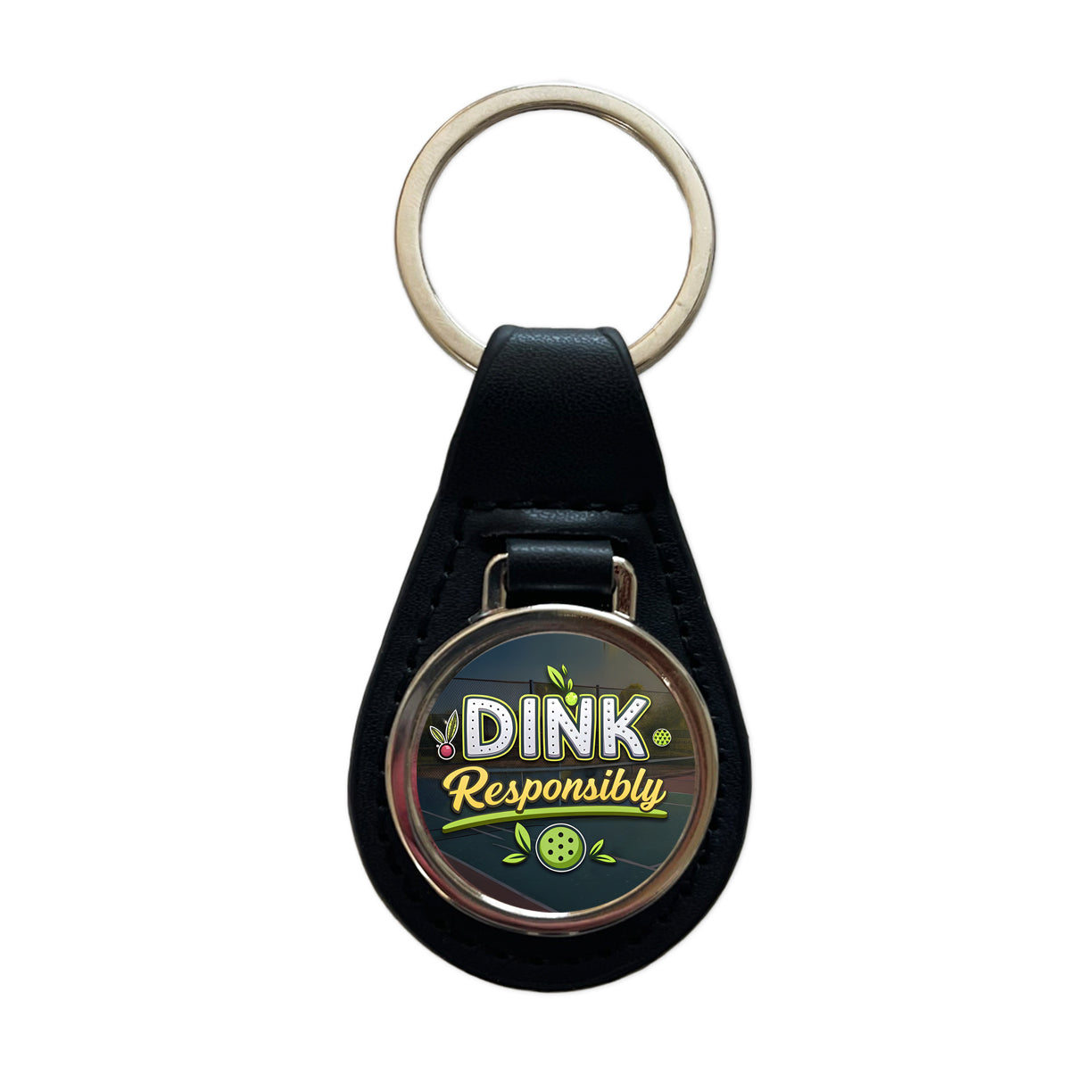 Dink Responsibly Pickleball Funny Saying Black Leather Metal Keychain