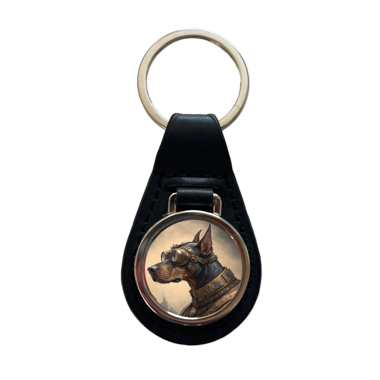 Doberman Pinscher Dog Steampunk Black Leather Metal Keychain