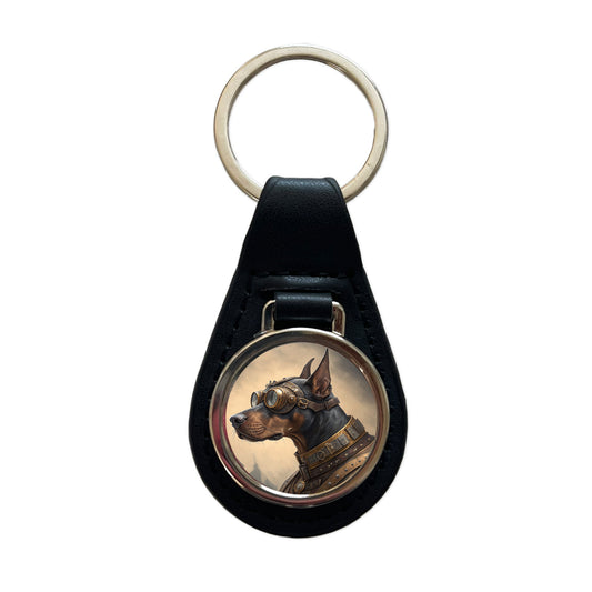 Doberman Pinscher Dog Steampunk Black Leather Metal Keychain