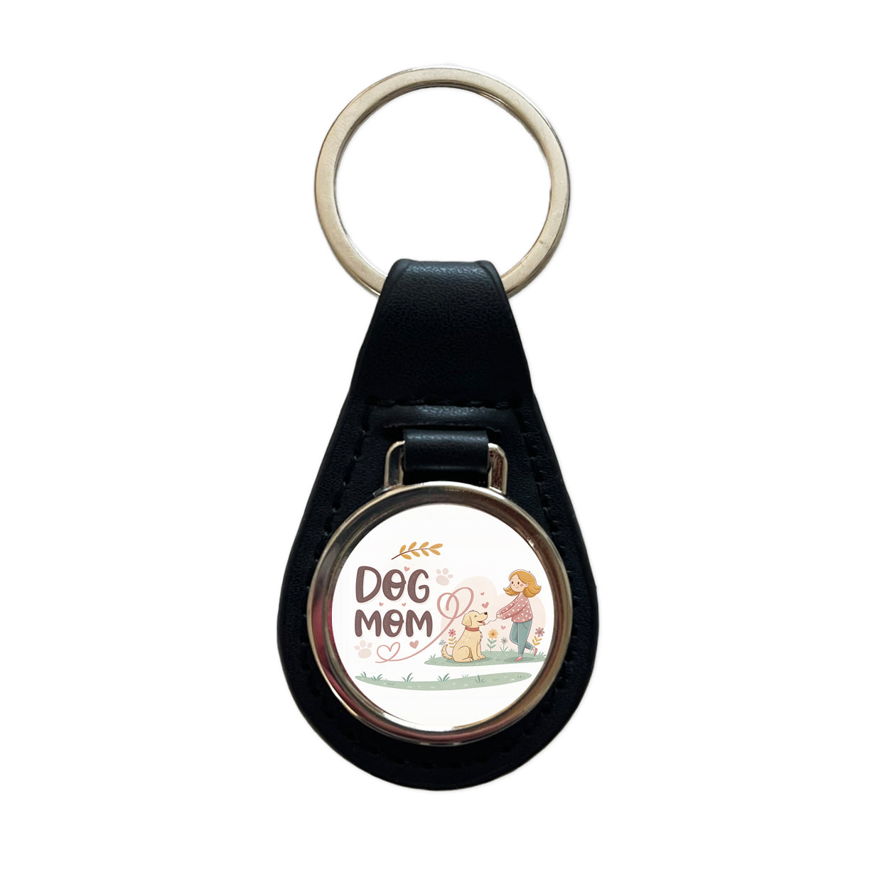 Dog Mom Cartoon Black Leather Metal Keychain