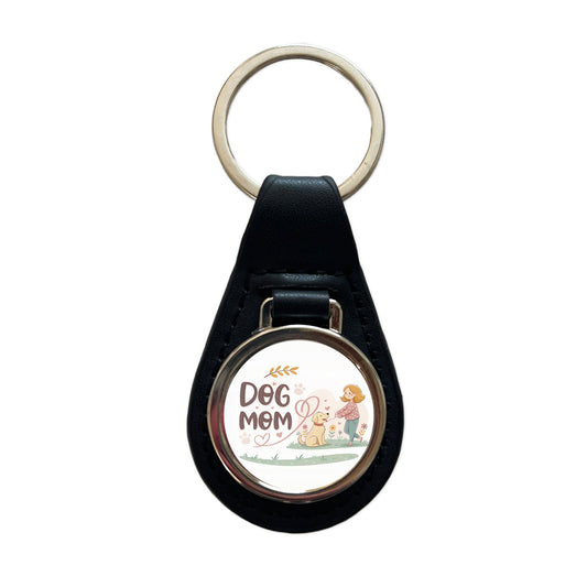Dog Mom Cartoon Black Leather Metal Keychain
