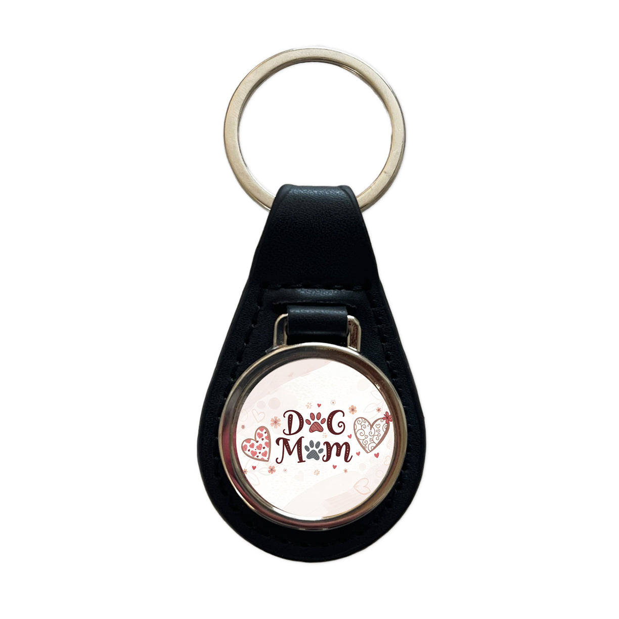 Dog Mom Cute Hearts Black Leather Metal Keychain