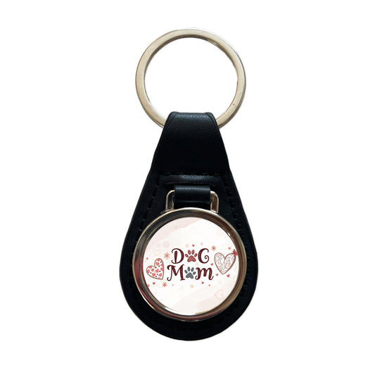 Dog Mom Cute Hearts Black Leather Metal Keychain