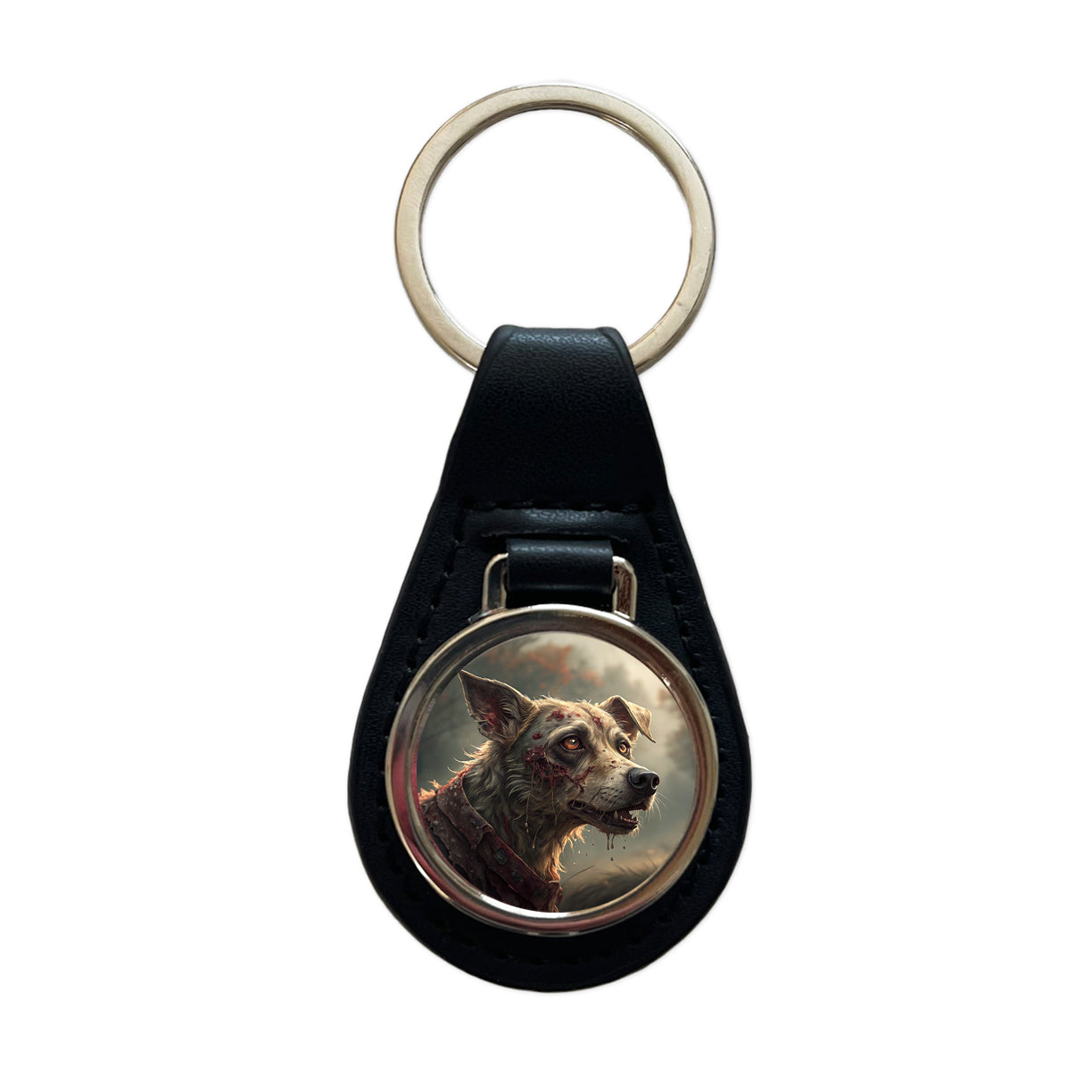 Dog Zombie Creepy Scary Halloween Black Leather Metal Keychain