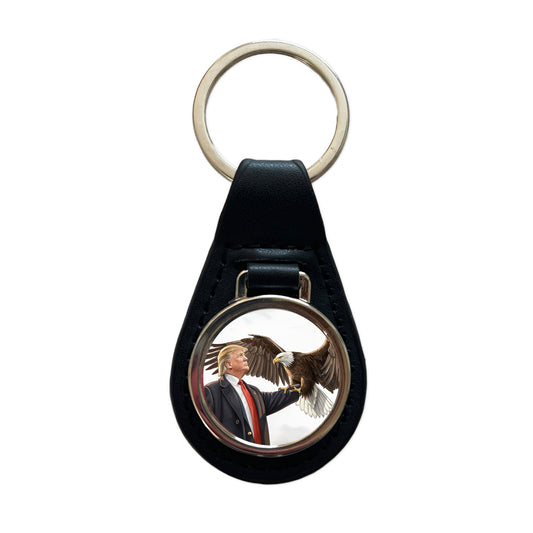 Donald Trump Holding A Bald Eagle Funny Black Leather Metal Keychain