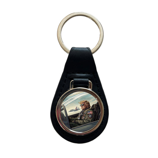 Donald Trump In Jet Fighter Funny Patriotic Black Leather Metal Keychain