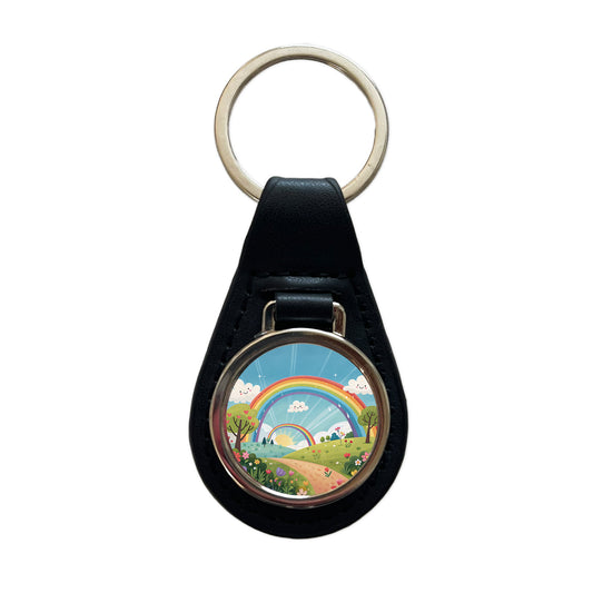Double Rainbow Cartoon Illustration Black Leather Metal Keychain