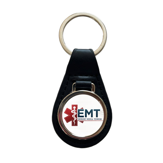 EMT Emergency Medical Technician Black Leather Metal Keychain