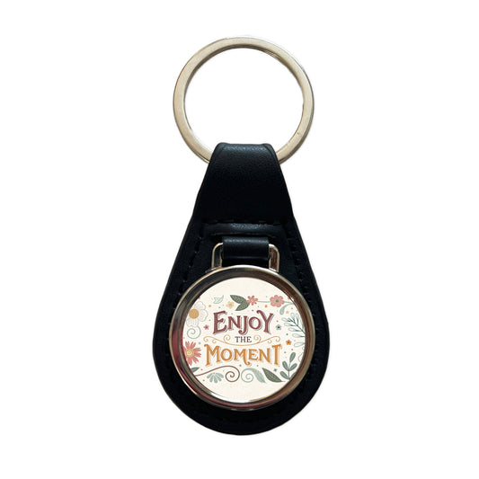 Enjoy The Moment Retro Floral Inspirational Black Leather Metal Keychain
