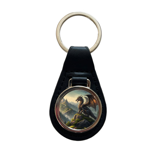Fantasy Dragon on Mountain Illustration Black Leather Metal Keychain