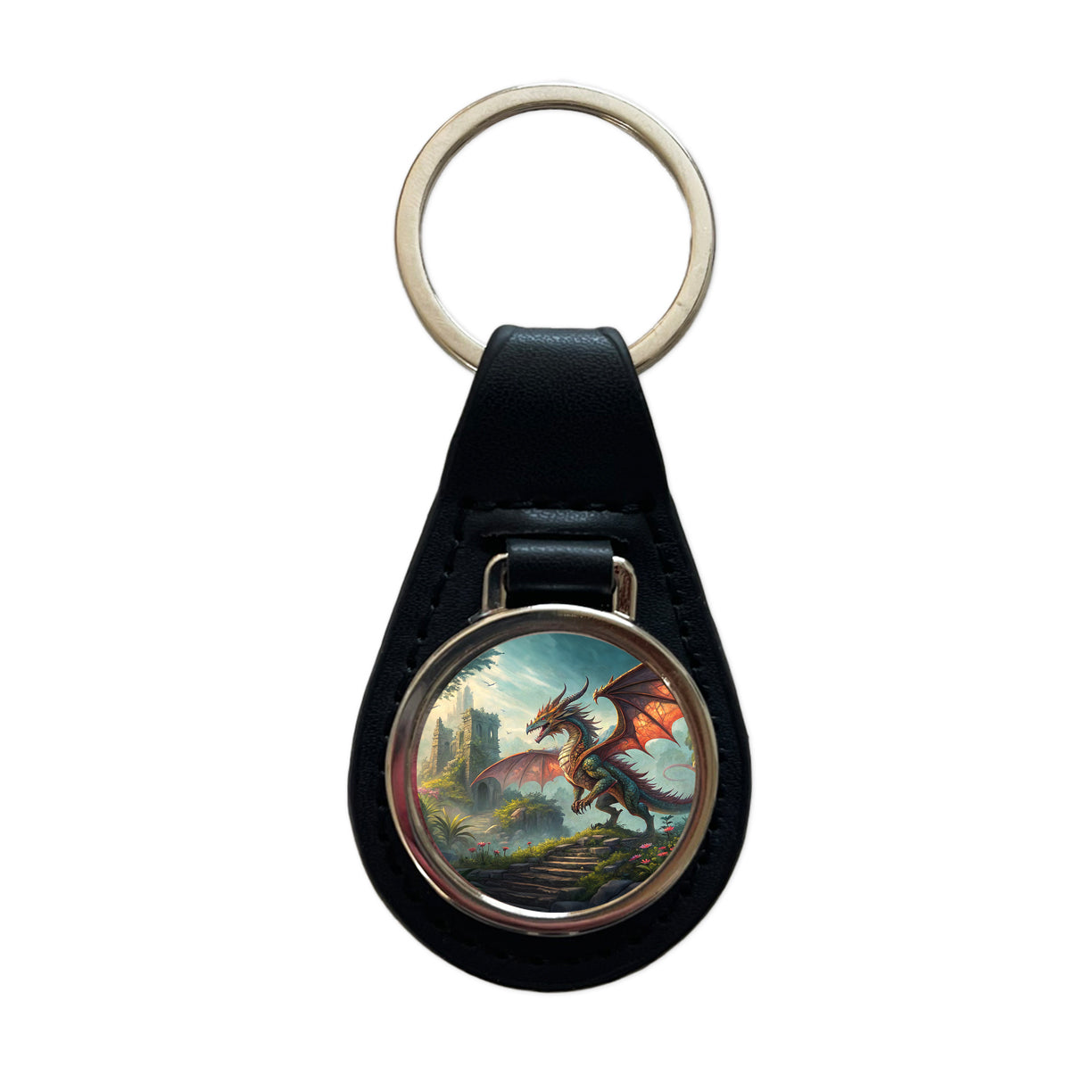 Fantasy Dragon Retro Pulp Magazine Illustration Black Leather Metal Keychain
