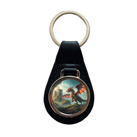 Fantasy Dragon Retro Pulp Magazine Illustration Black Leather Metal Keychain