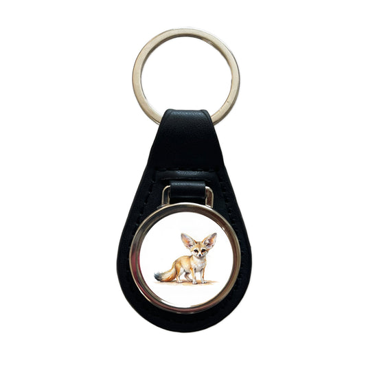Fennec Fox Watercolor Black Leather Metal Keychain