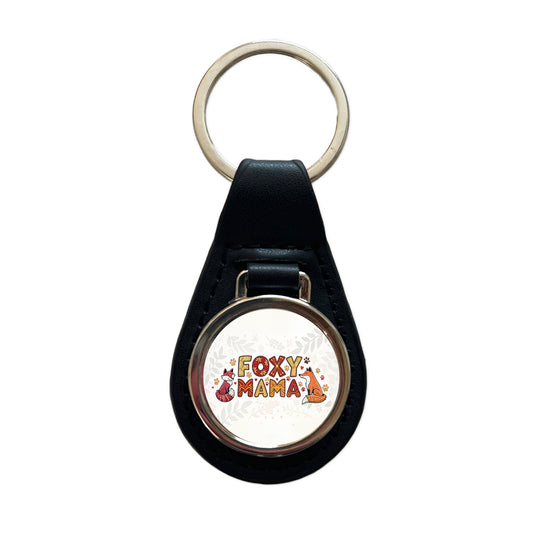 Foxy Mama Cute Fox Foxes Theme Black Leather Metal Keychain