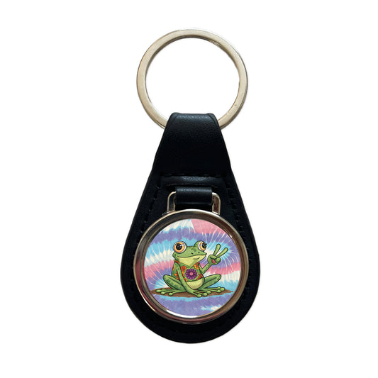 Frog Giving Peace Sign Tie-Dye Cartoon Black Leather Metal Keychain