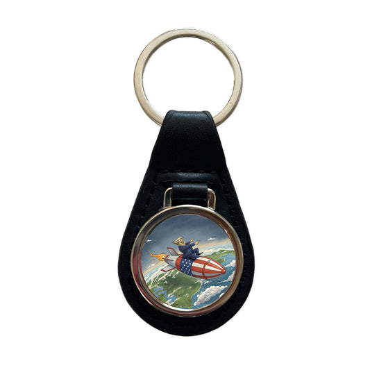 Funny Donald Trump Riding American Flag Missile Black Leather Metal Keychain
