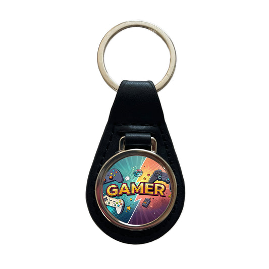 Gamer Retro Gaming Controllers Illustration Black Leather Metal Keychain