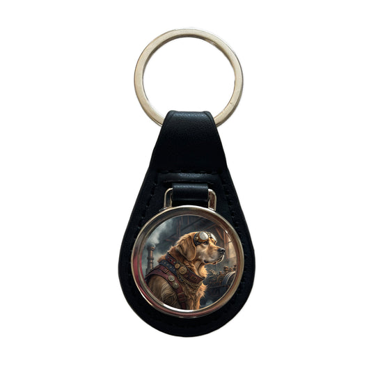Golden Retriever Dog Steampunk Black Leather Metal Keychain