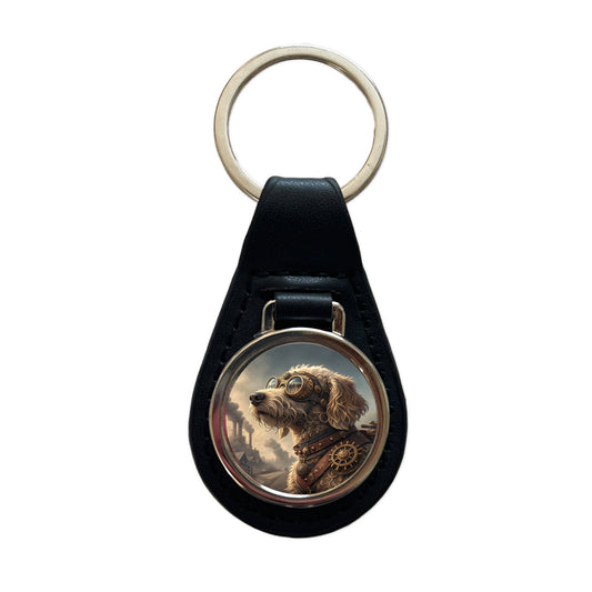 Goldendoodle Dog Steampunk Black Leather Metal Keychain