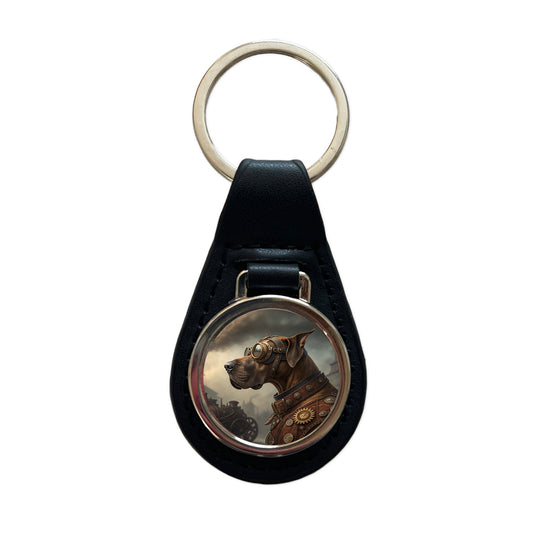 Great Dane Dog Steampunk Black Leather Metal Keychain