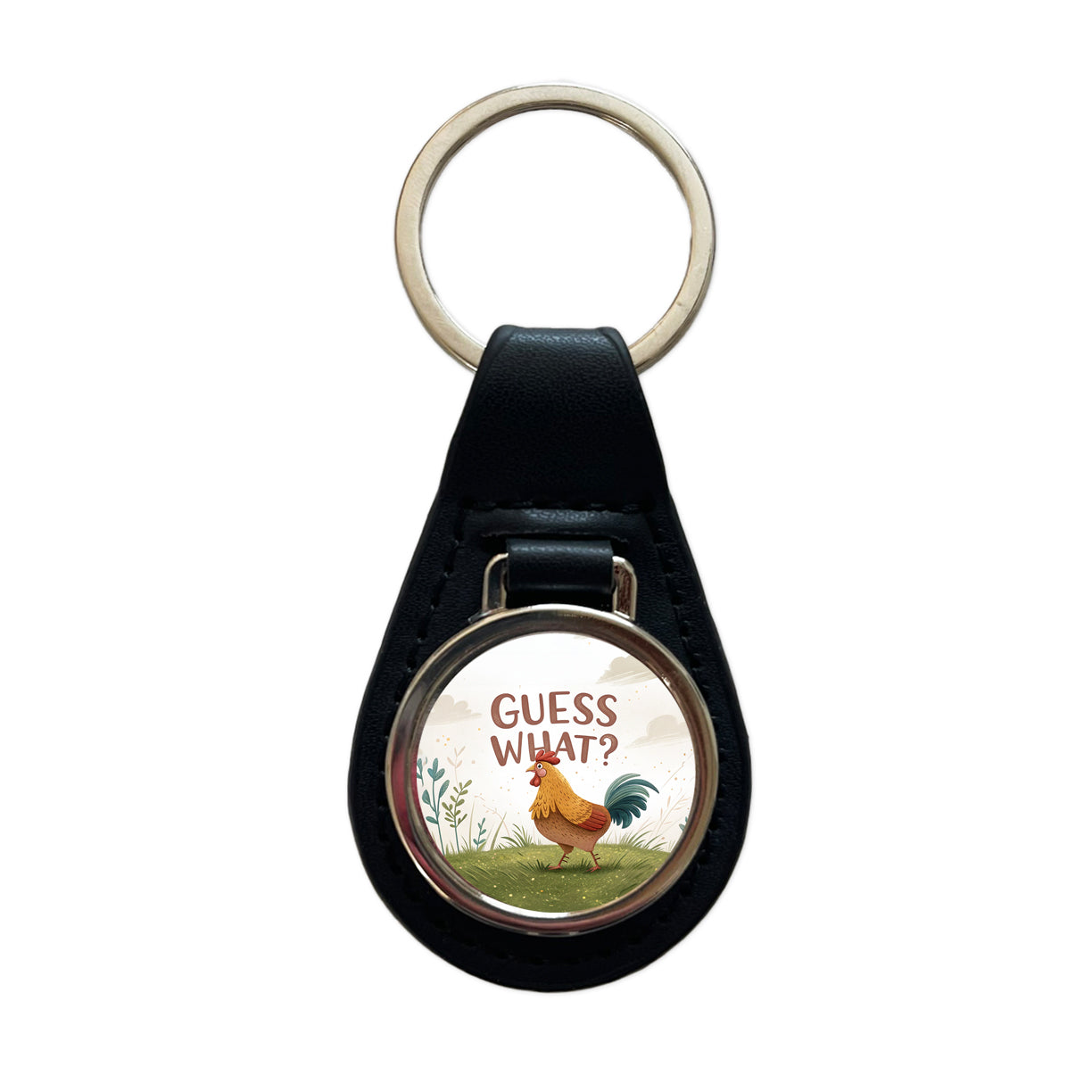 Guess What Chicken Butt Funny Cartoon Black Leather Metal Keychain