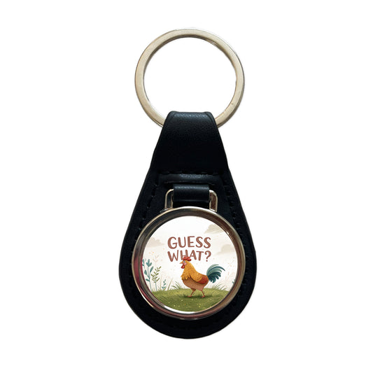 Guess What Chicken Butt Funny Cartoon Black Leather Metal Keychain