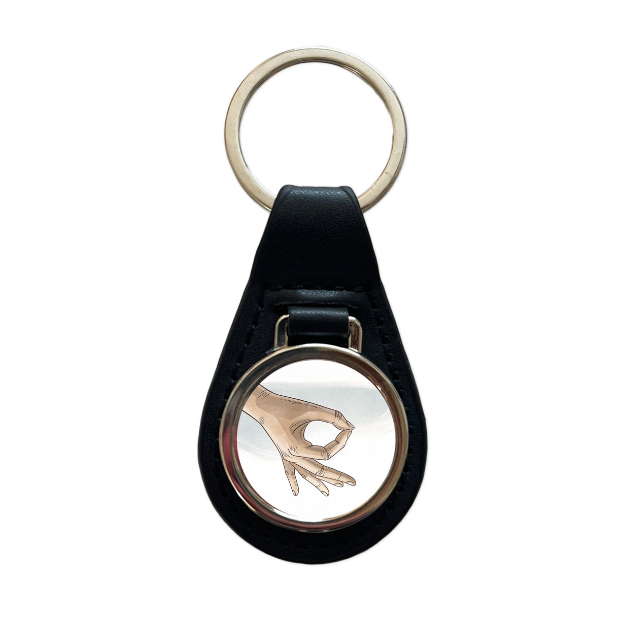 Hand Forming The Circle Game Black Leather Metal Keychain