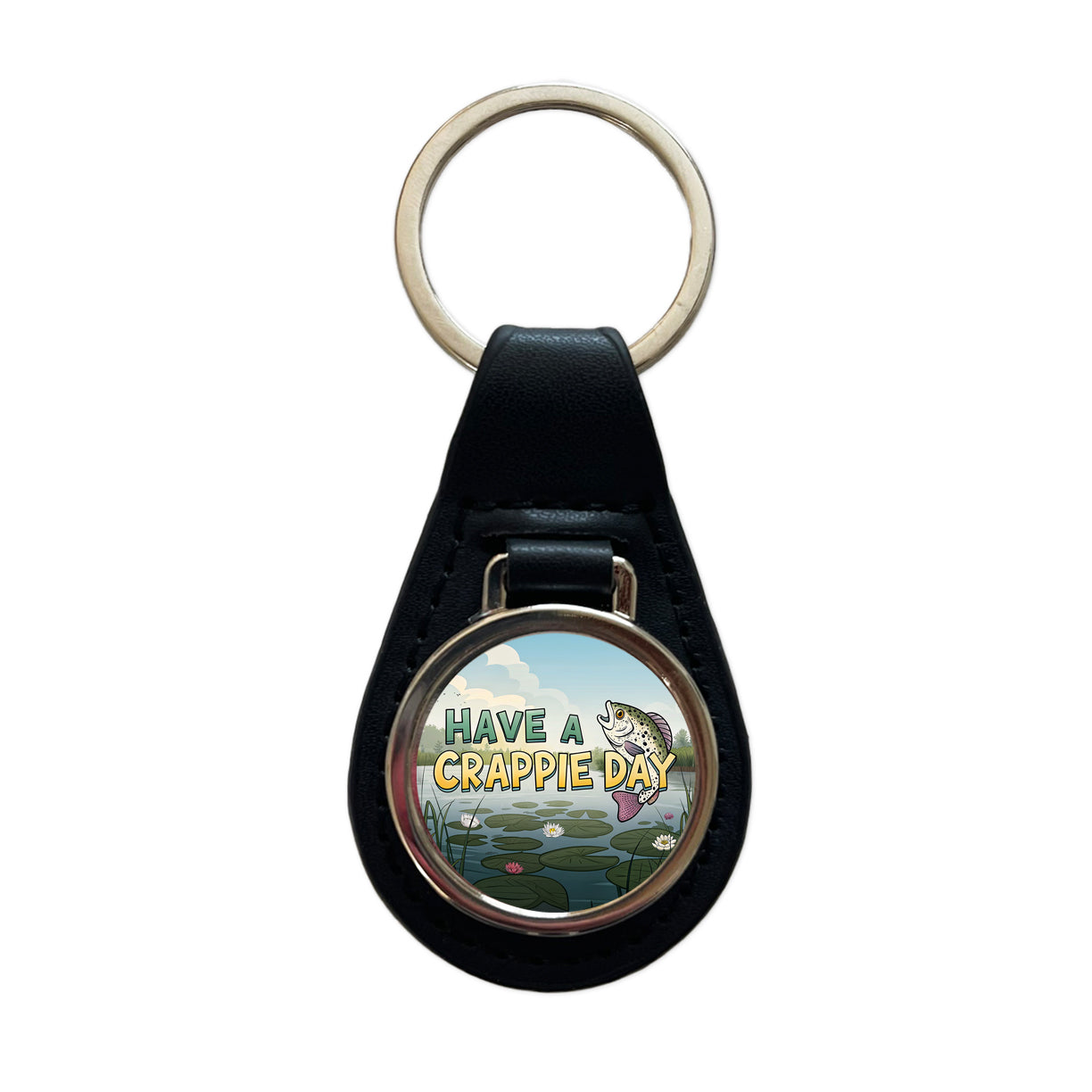 Have A Crappie Crappy Day Fishing Funny Black Leather Metal Keychain