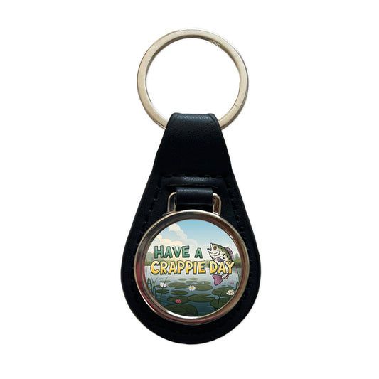 Have A Crappie Crappy Day Fishing Funny Black Leather Metal Keychain