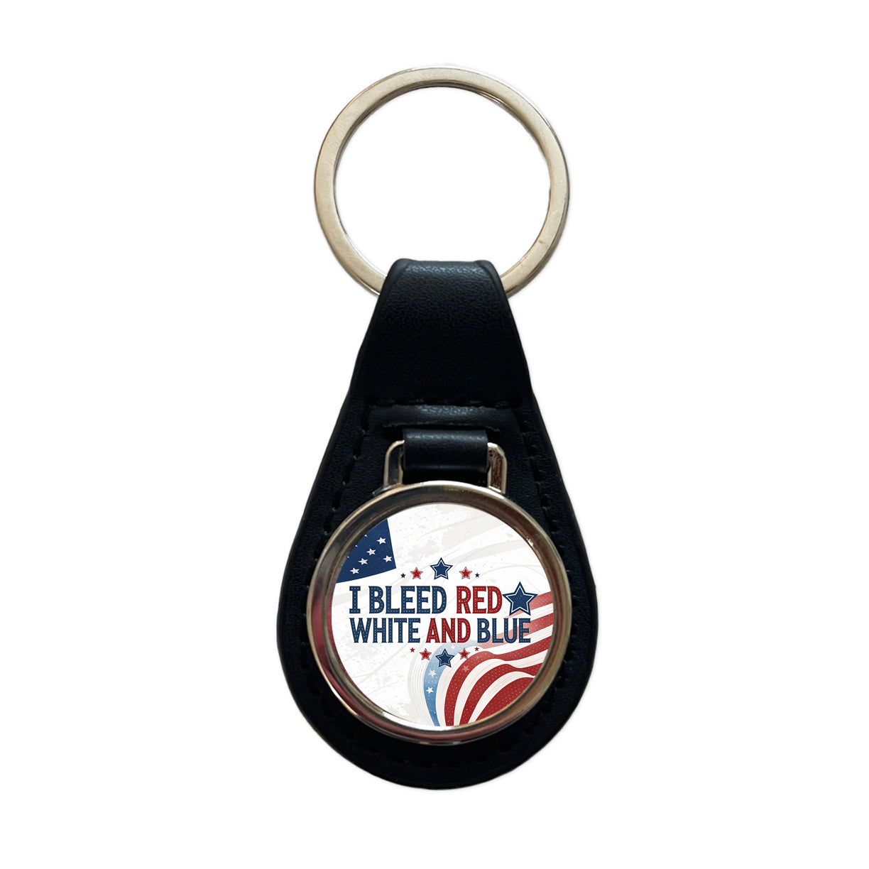 I Bleed Red White And Blue Patriotic American Black Leather Metal Keychain