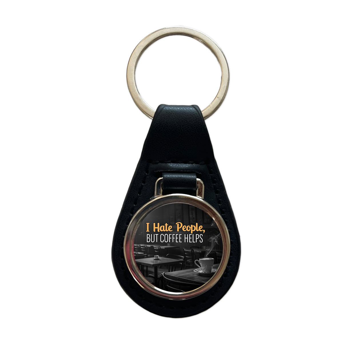 I Hate People But Coffee Helps Funny Black Leather Metal Keychain