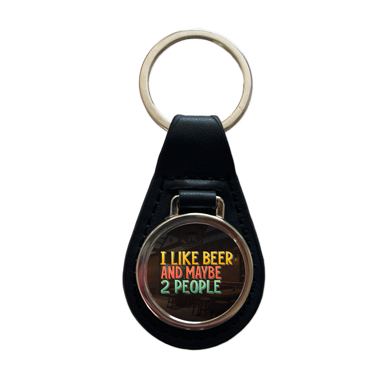 I Like Beer And Maybe 2 People Funny Black Leather Metal Keychain