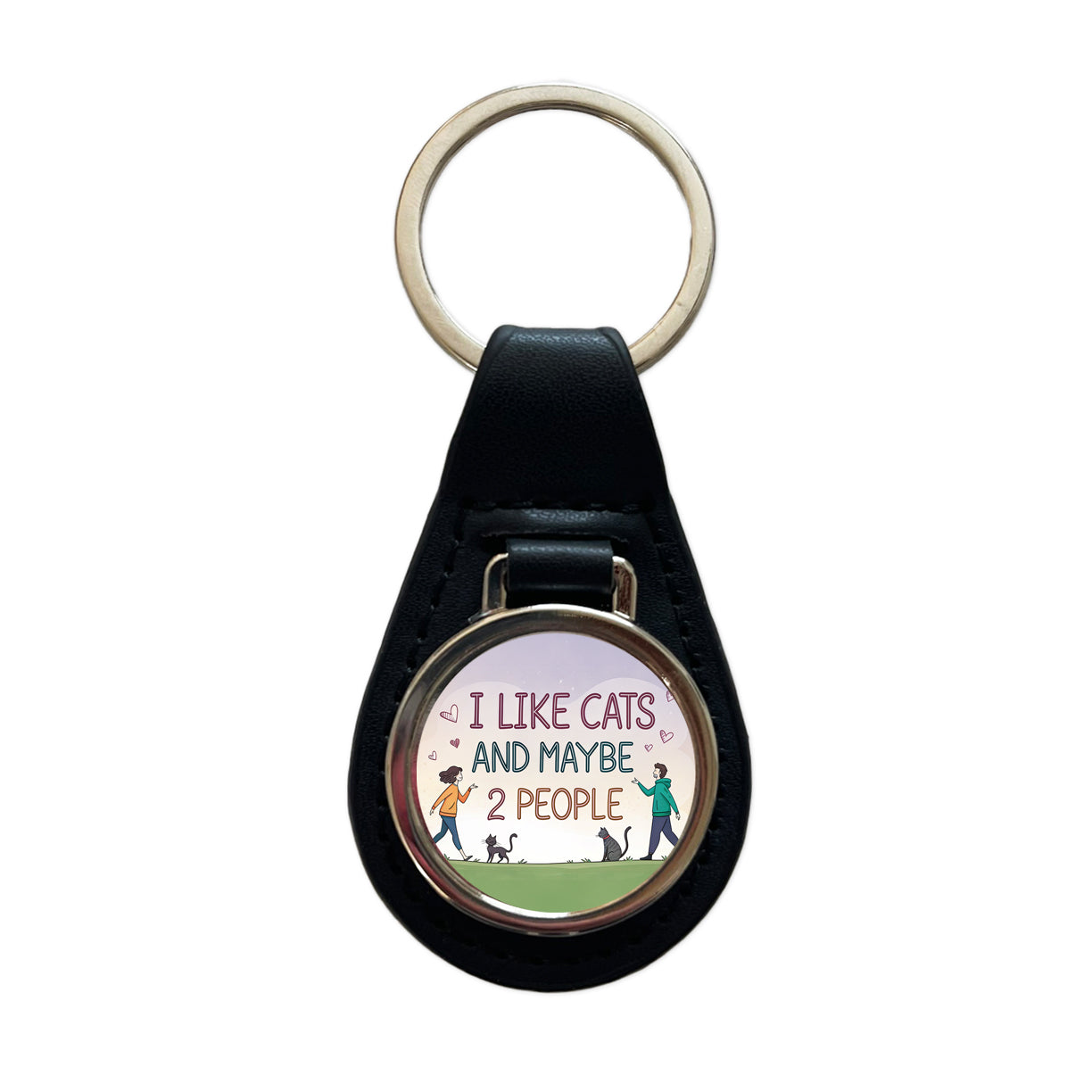 I Like Cats And Maybe 2 People Funny Black Leather Metal Keychain